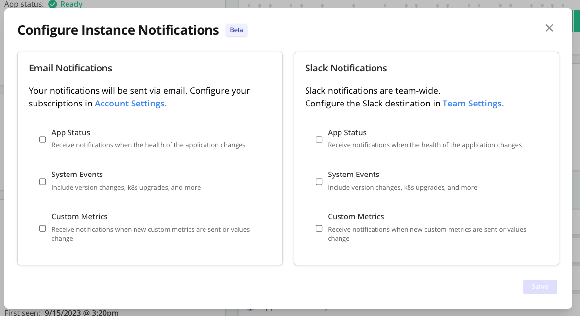 Configure Instance Notifications dialog